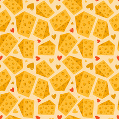 Cute and colorful vector seamless hand drawn pattern with cheese and hearts. Can be used for wrapping paper, bedclothes, notebook, packages, gift paper. Vector hand drawn clipart illustration.
