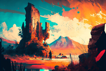 Landscape Illustration, Colorful Landscape, Generative AI