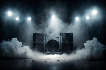 Empty stage with drums, microphones, speakers and amps, surrounded by dry ice and spotlights