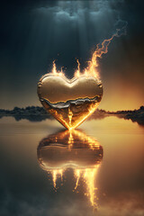 Golden heart in the water. A golden heart against a mountain landscape. Poster background. Genenative AI