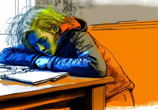 sleepy student dozes over studies