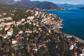 Fototapeta premium Herceg Novi town and Kotor bay, aerial drone view of Herzeg Novi panorama, Montenegro, with old town scenery, fortress mountains, Mount Orjen Adriatic sea coast in a sunny day