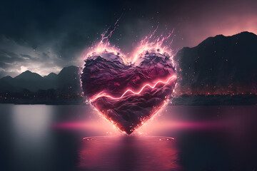 heart in the water. Burning red heart. Genenative AI