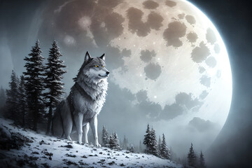 Beautiful winter landscape with giant wolf, warg Fenrir, AI generated