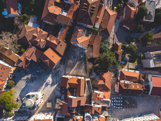 Herceg Novi town and Kotor bay, aerial drone view of Herzeg Novi panorama, Montenegro, with old town scenery, fortress mountains, Mount Orjen Adriatic sea coast in a sunny day