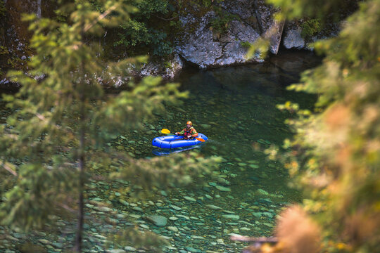 Evan Howard, an avid Explorer and adventurer packrafts the Chehalis River, British Columbia, Canada.