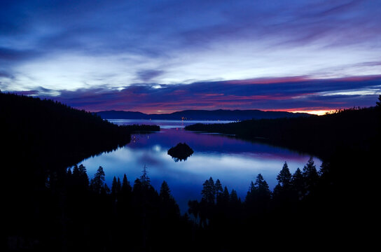 A predawn view of Emerald Bay just before sunrise in Lake Tahoe, California.