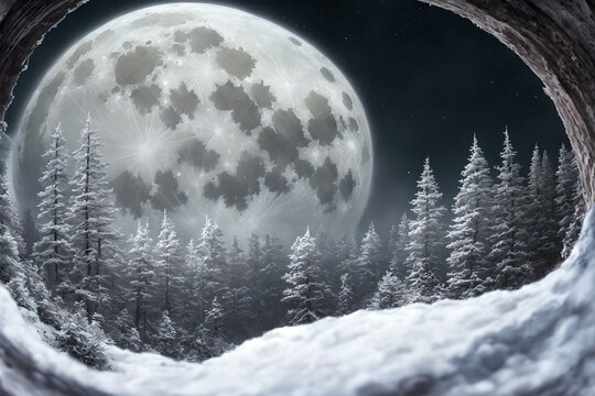 Beautiful winter landscape with giant Moon, AI generated