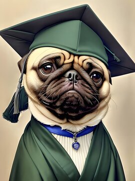 Retrato realista de un perro pug vestido con una toga y birrete de graduación, IA Generativa
