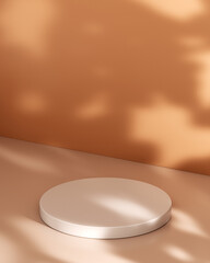 A round white podium or 3D scene on a beautiful brown background with space for your product. Scene mockup for product. White product stand. 3D rendering
