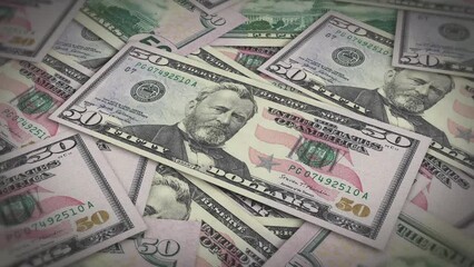 Pile of american dollars cash money, inflation concept. Closeup new american fifty dollar bills 4k resolution - Powered by Adobe