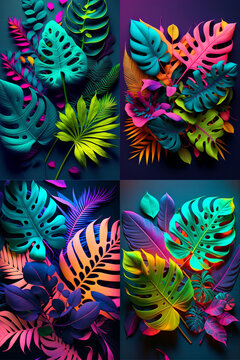 3d model, creative fluorescent color layout made from tropical leaves.