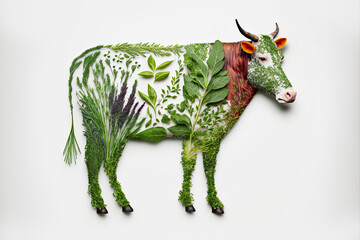 Plant-based meat created cow made of plants on white background made with Generative AI technology
