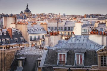 Saint-Germain-des-Pres and french roofs from above at sunrise, Paris, France