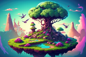 Obraz na płótnie Canvas cartoon illustration, a game with fantasy and fairy floating islands, generative A