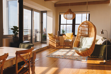 General view of luxury living room interior with armchairs, sofa and hanging basket chair