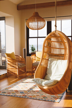 General view of luxury living room interior with armchairs and hanging basket chair
