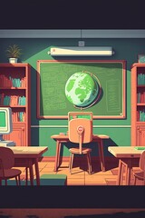 cartoon illustration school classroom with green blackboard and wooden table AI generative