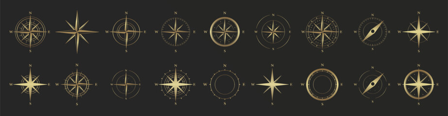 Vintage marine wind rose. Navigational compass with cardinal directions of North, East, South, West. Geographical position, cartography and navigation. Nautical chart. Vector illustration © Angela Ksen