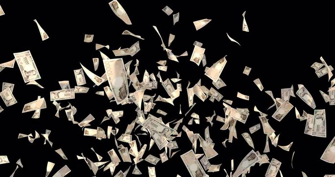 日本の新１万円札（渋沢栄一）をばらまく動画　4K対応　アルファチャンネル付き　背景透過　デプスマット付き　3Dモーショングラフィックス 貨幣 金融