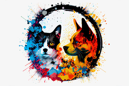 Dogs. Animals' friendship circle and trust. A lovely picture of pets in a creative style illustration. Pop art is creatively painted with an explosion of colours on a white background.