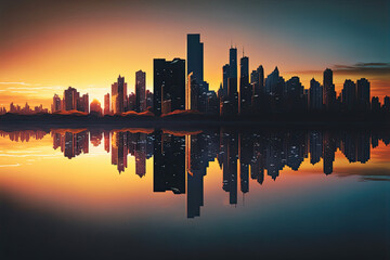 A panoramic view of a city skyline at sunset with reflections on the water, sunset, city, skyline, water, sky, cityscape, building, architecture, sunrise, skyscraper, silhouette, urban, sun, travel, 
