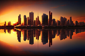 Fototapeta na wymiar A panoramic view of a city skyline at sunset with reflections on the water, sunset, city, skyline, water, sky, cityscape, building, architecture, sunrise, skyscraper, silhouette, urban, sun, travel, 