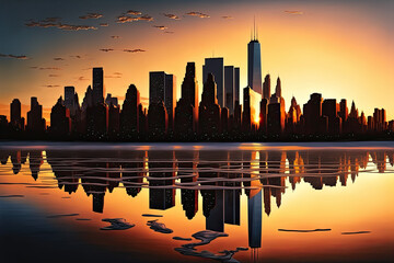 Fototapeta na wymiar A panoramic view of a city skyline at sunset with reflections on the water, sunset, city, skyline, water, sky, cityscape, building, architecture, sunrise, skyscraper, silhouette, urban, sun, travel, 