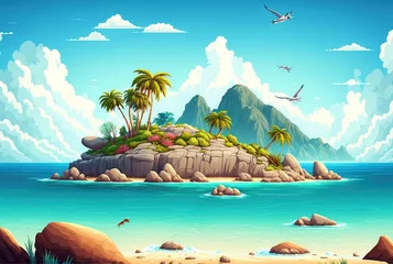 Fotobehang cartoon illustration, landscape of tropical island in the ocean generative , AI © Jorge Ferreiro