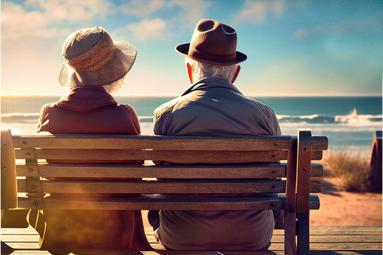 elderly couple sitting on a bench with a nice view. concept of retirement, life, relaxation, happiness. Ai generated
