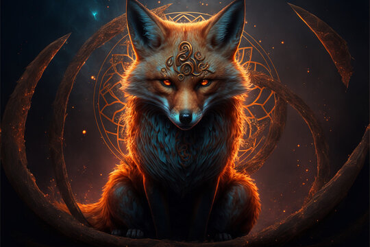Nine-tailed demon fox, Generative AI.