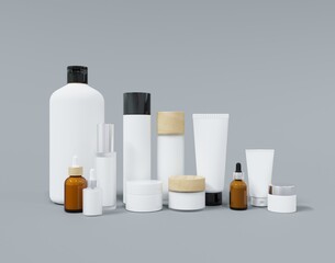 Fototapeta na wymiar Group of different cosmetic bottles and jars 3D render