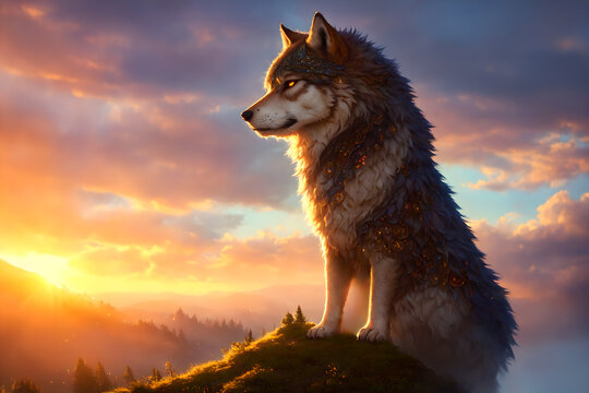 Beautiful winter landscape with giant wolf, warg Fenrir, AI generated