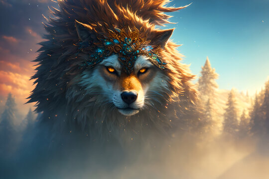 Beautiful winter landscape with giant wolf, warg Fenrir, AI generated