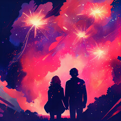 lovers are looking at colorful fireworks