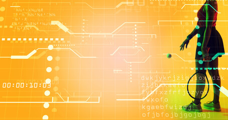 Low of biracial female tennis player practicing with racket and ball over codes, lines and dots