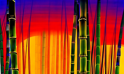 Generative AI, vivid illustration of bamboo forest ant sunset