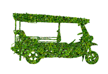 Tuk Tuk with green leaves isolated on transparent background.