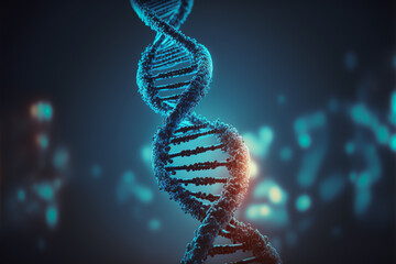 Helix, model of human DNA on futuristic digital illustration background. Digital illustration DNA structure in blue background - obrazy, fototapety, plakaty
