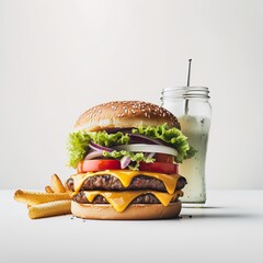 Tasty cheeseburger with cheese, drink and fries on white background