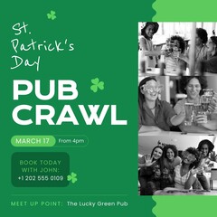 Image of st patrick's day pub crawl text and shamrock on green background
