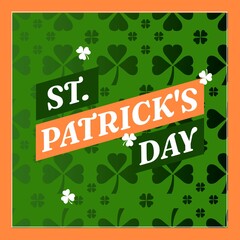 Image of st patrick's day text and shamrock pattern on green background