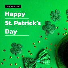 Image of st patrick's day text and shamrock on green background
