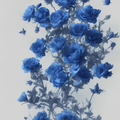 Branches of blue flowers with a white background and some falling petals, AI generated