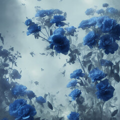 blue flower garden with many falling petals and dense fog, AI generated