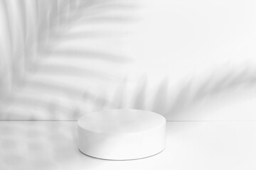 White round pedestal on a white background. Palm branches. Shadows from palm branches.
