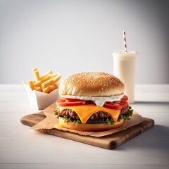 Front view delicious cheeseburger with cheese and fries on white background 