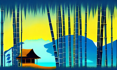 Generative AI : bamboo hut at sunset, vivid, story book illustration