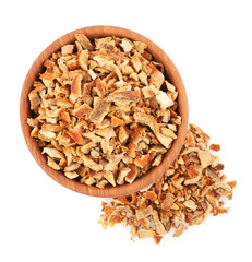 Bowl of dried orange zest seasoning isolated on white, top view