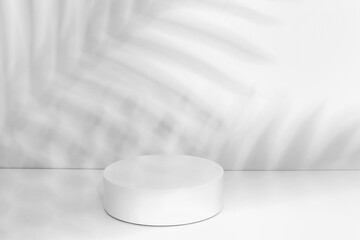 White round pedestal on a white background. Palm branches. Shadows from palm branches.